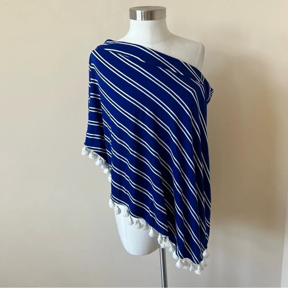 Trina Turk tassel trim stripe one shoulder poncho top 5757
